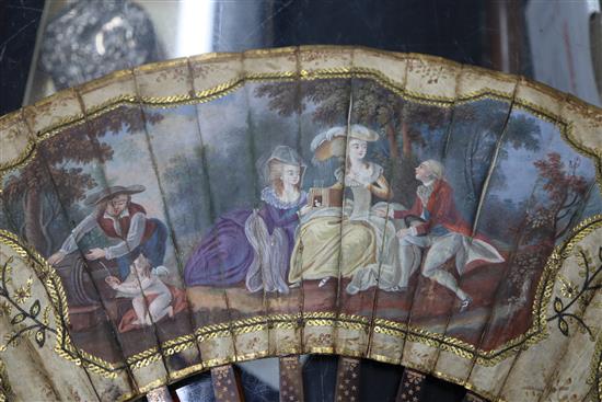 An 18th century French painted silk fan, tortoiseshell and pique work sticks